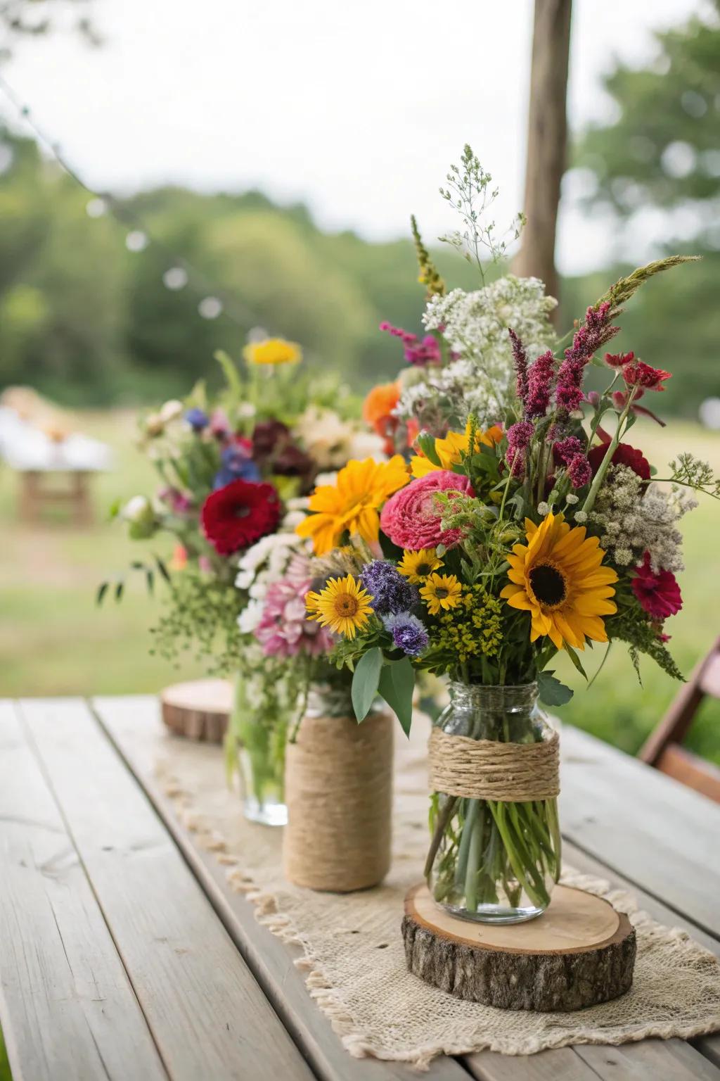 Charming DIY wedding botanical arrangements featuring wildflowers.