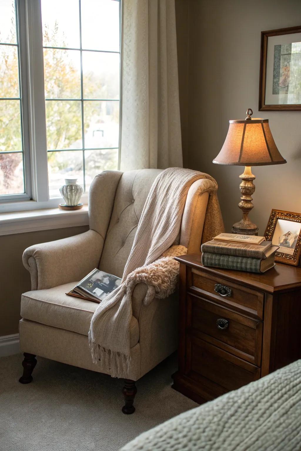 A sitting area enhances versatility and charm.