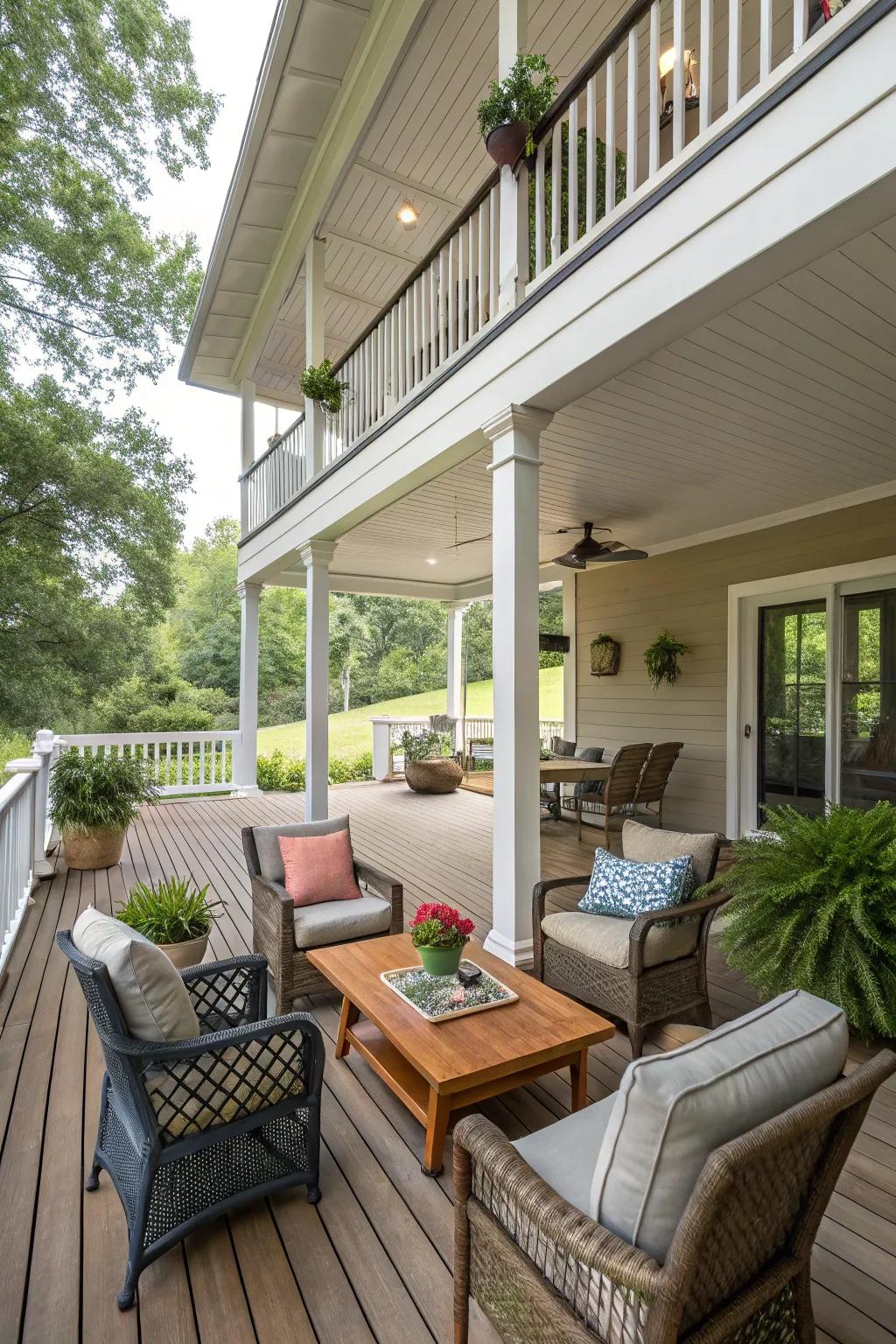 Multi-tiered decking creates distinct areas while maintaining flow.