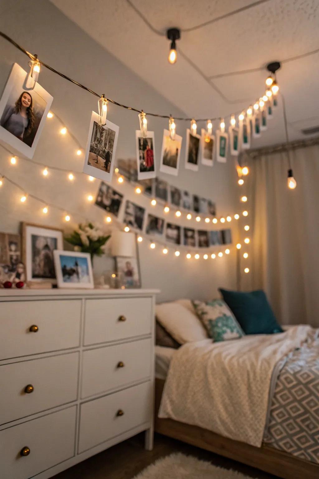 Twinkle lights using picture clips displaying photos.