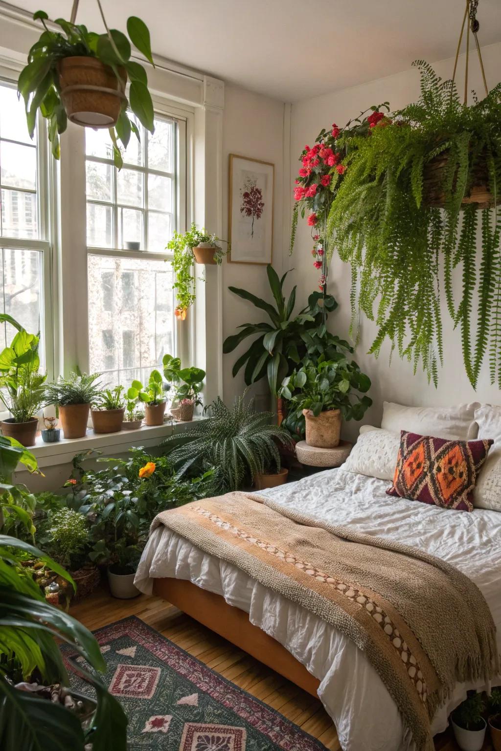 A variety of plant textures adds visual interest and comfort to your bedroom.