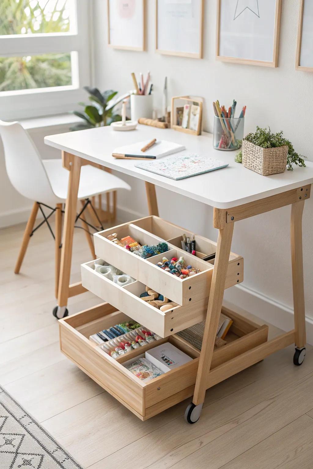 Elevate your craft space with chic under-table storage that blends style and functionality. 🌿✨ #CraftRoomGoals
