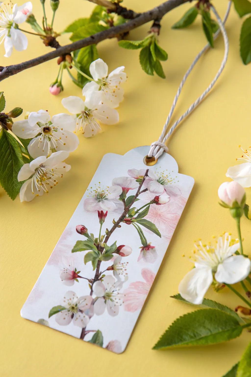 A seasonal-themed hang tag featuring spring blossoms, perfect for a fresh look.