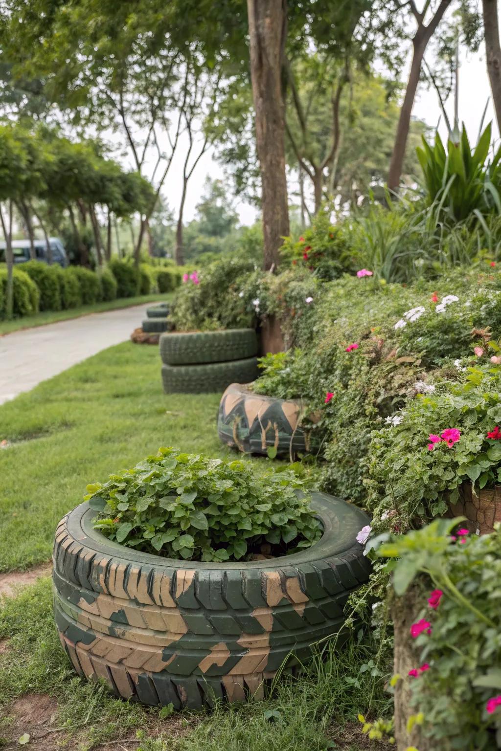 Tasteful blending tire flower pots fusing with the garden.