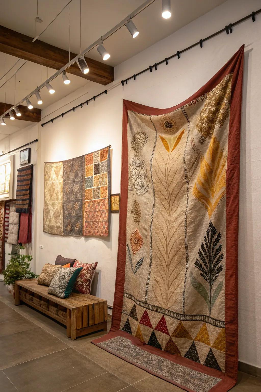 Textile artwork enhances walls with depth and warmth.