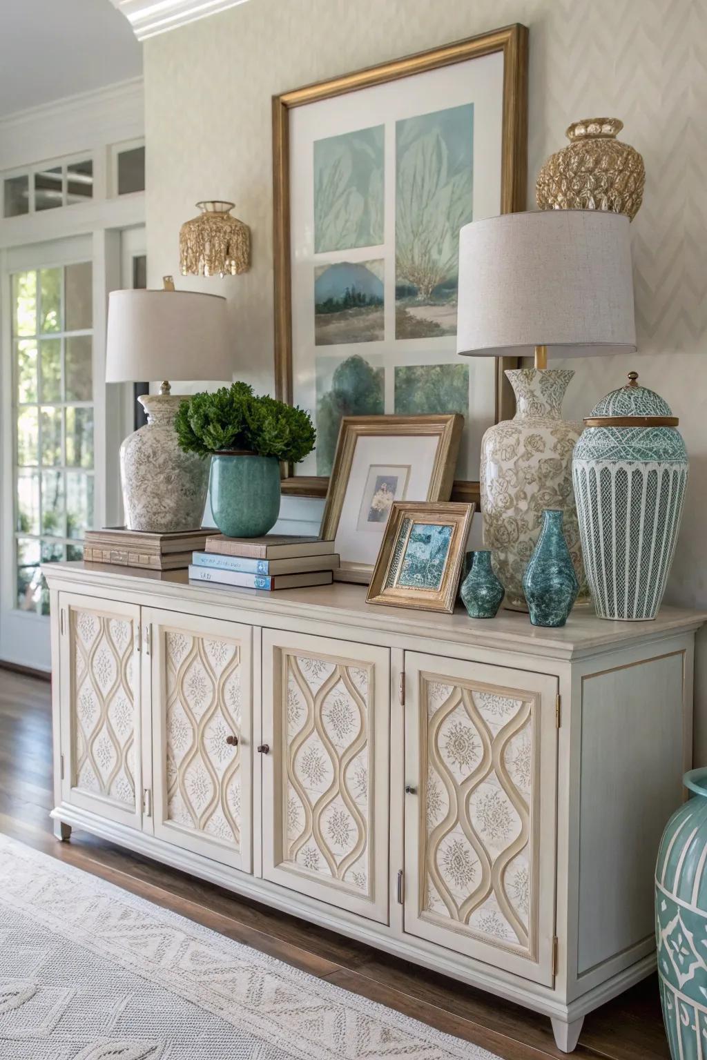 A sideboard styled with a cohesive color palette.