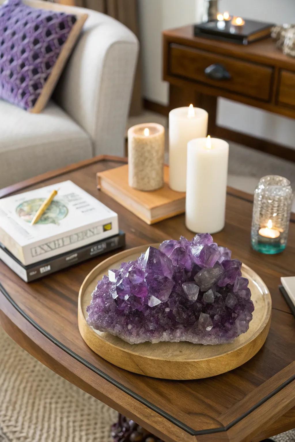 A coffee table featuring a stunning amethyst centerpiece.