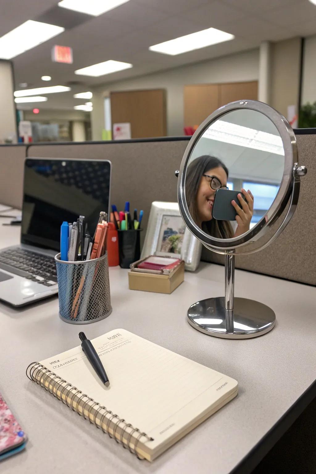 A mini vanity mirror offers convenience for quick touch-ups in the office.