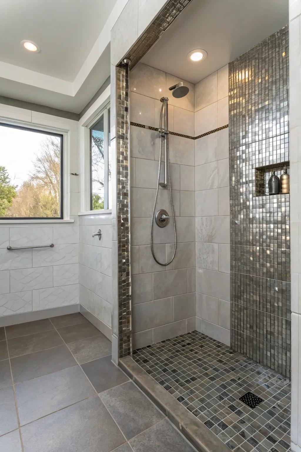 Steel-like details bring an understated glamour to this shower without a curb.