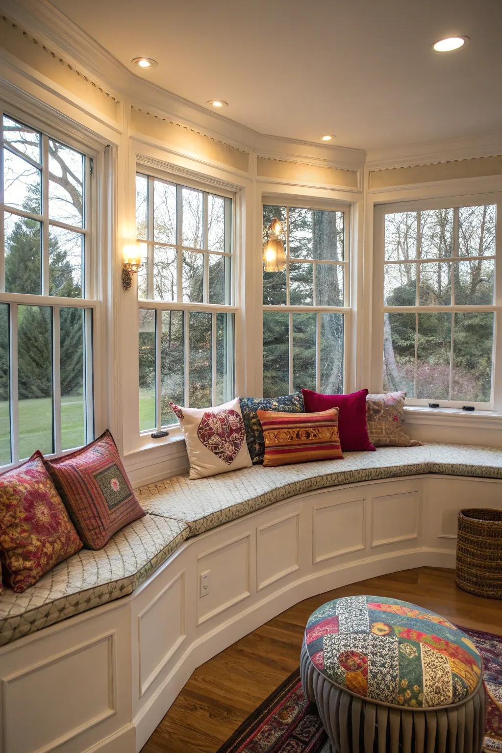 Bright and colorful cushions enlivening an arched bay window.