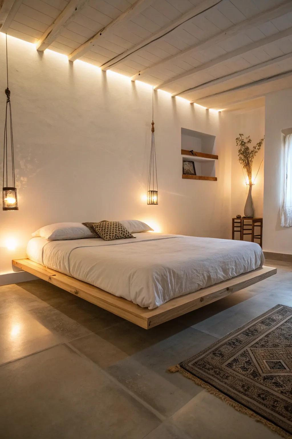 Suspended bed platform establishing a spacious and contemporary sleeping quarter