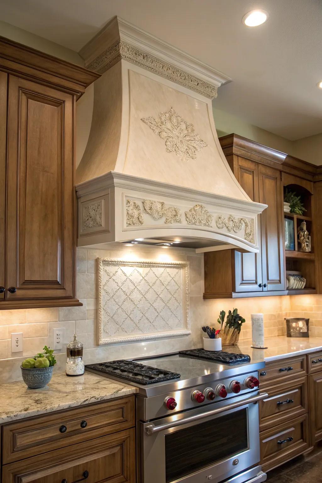 Crown molding adds a touch of refinement to range hood designs.