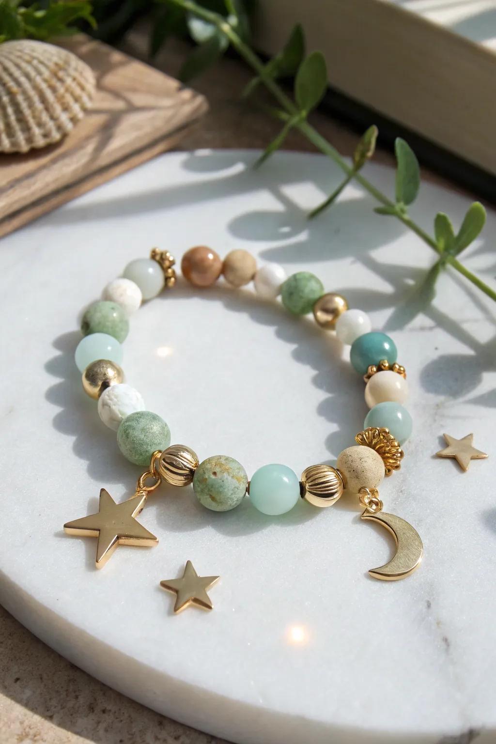 Capture the cosmos with this celestial bead bracelet, a perfect blend of minimalist elegance and bohemian charm.
