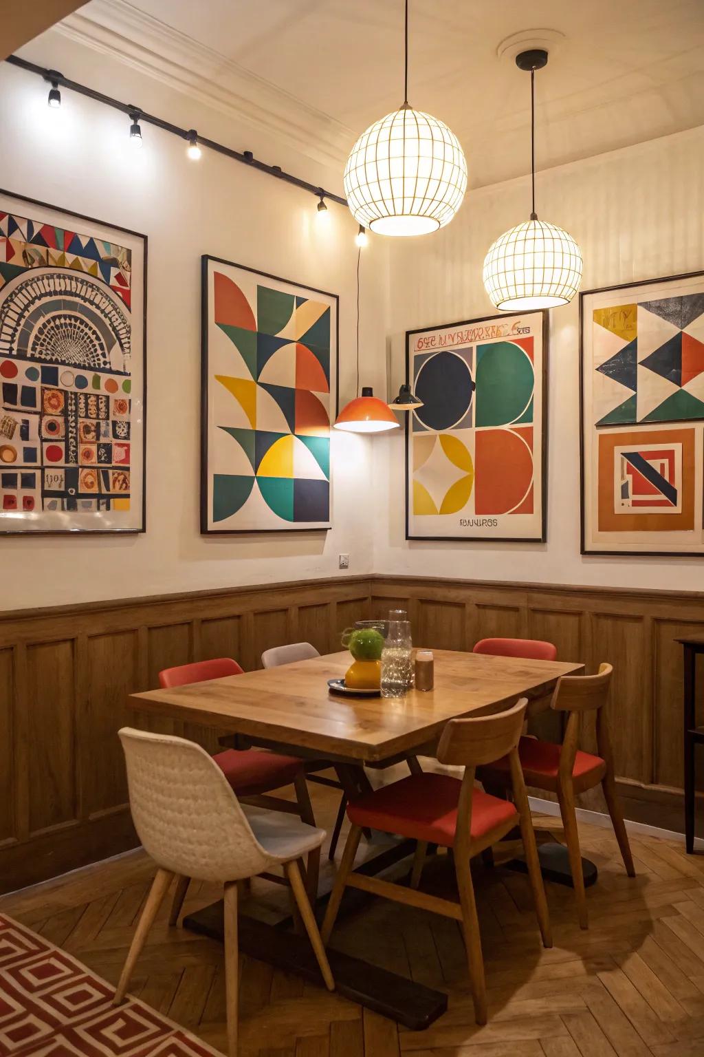Conceptual art posters adding sophistication to a dining room.