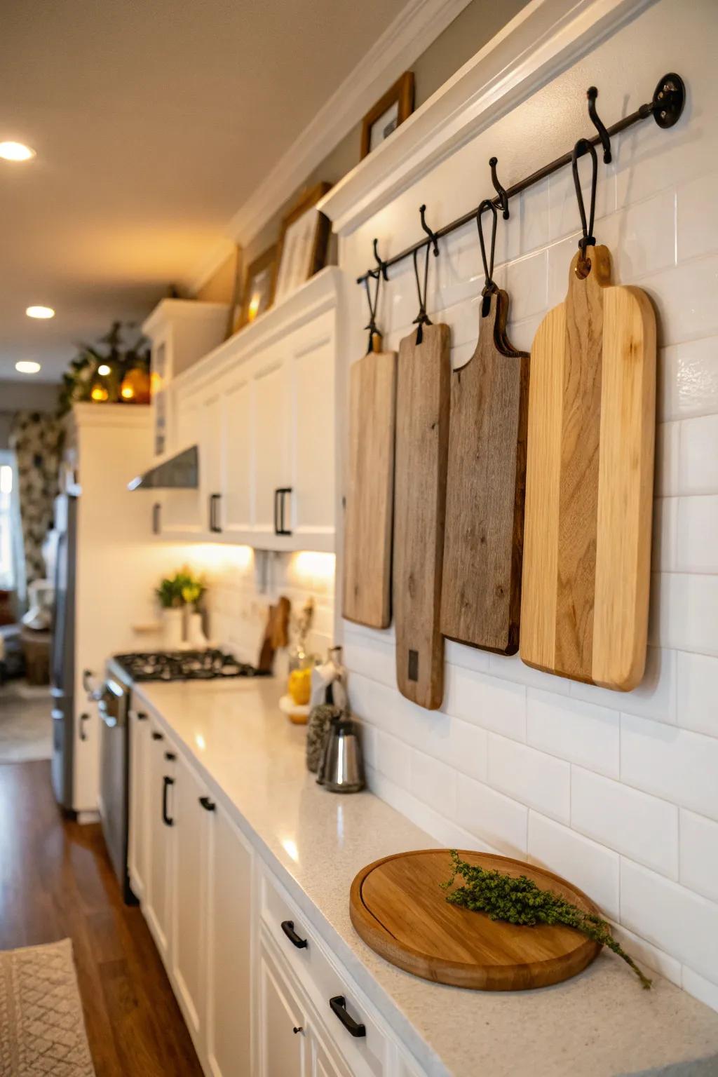 Hanging display for chopping blocks adding warmth to the cooking area.