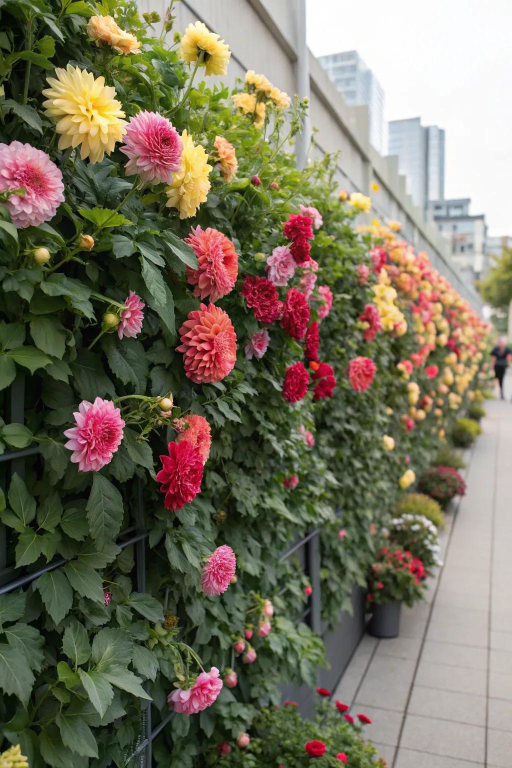A vibrant living mural of dahlias.