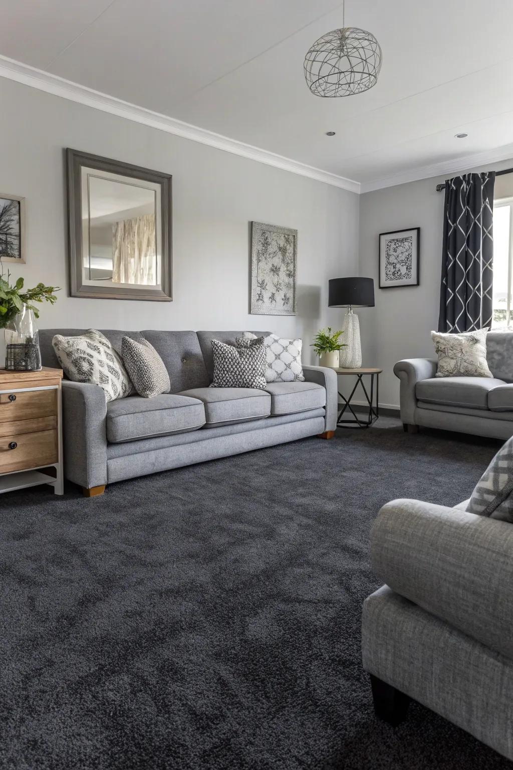 Consistent shades harmonize with a dark floor covering.