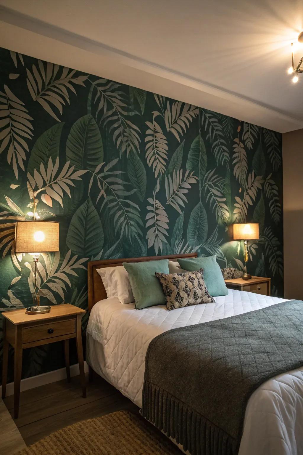 A bedroom with dark green foliage wallpaper creating a natural ambiance.