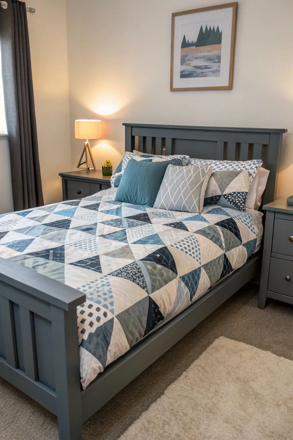 Angular designs provide a modern twist to a grey-themed bedroom.