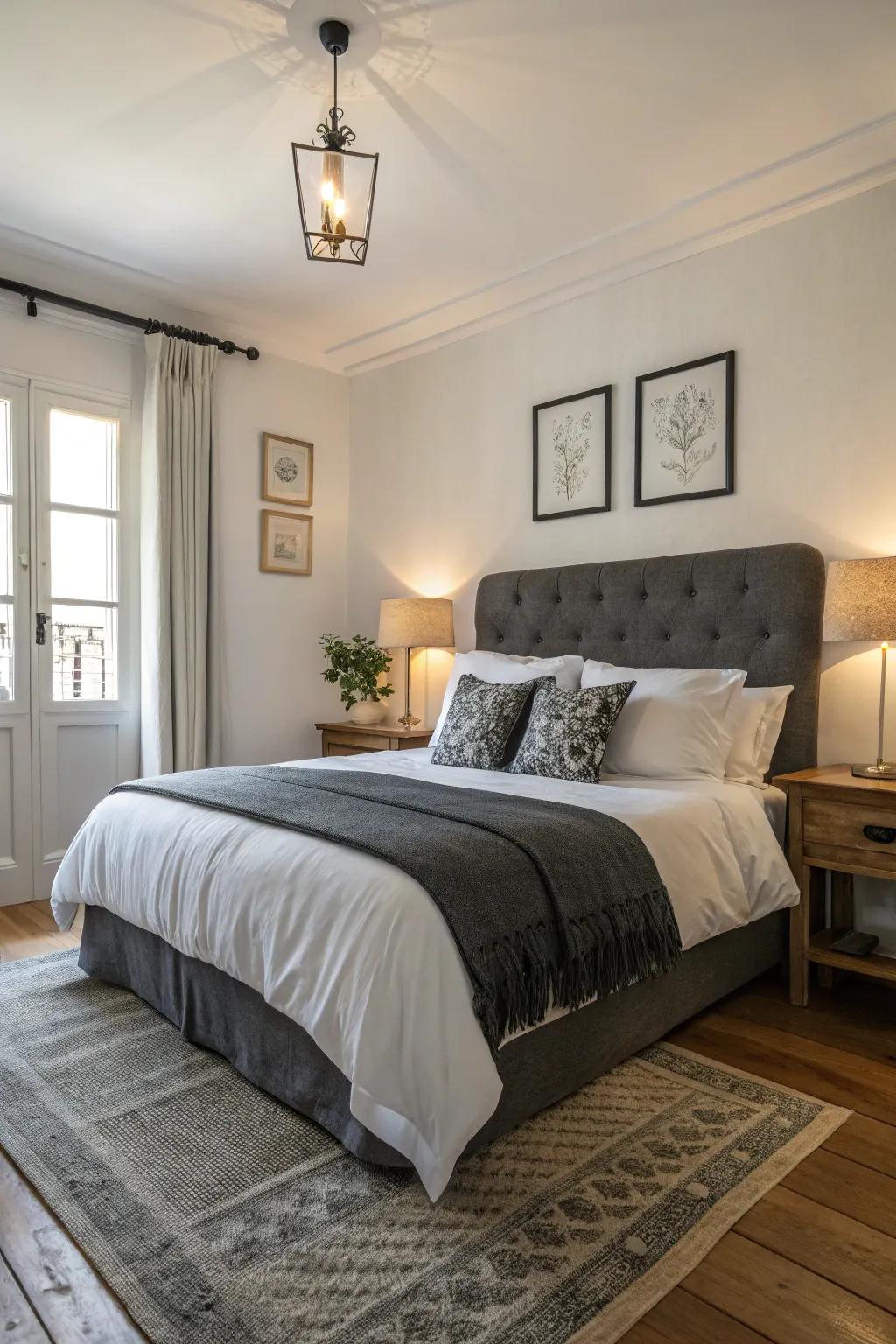The charcoal bedding is beautifully contrasted by white accents.