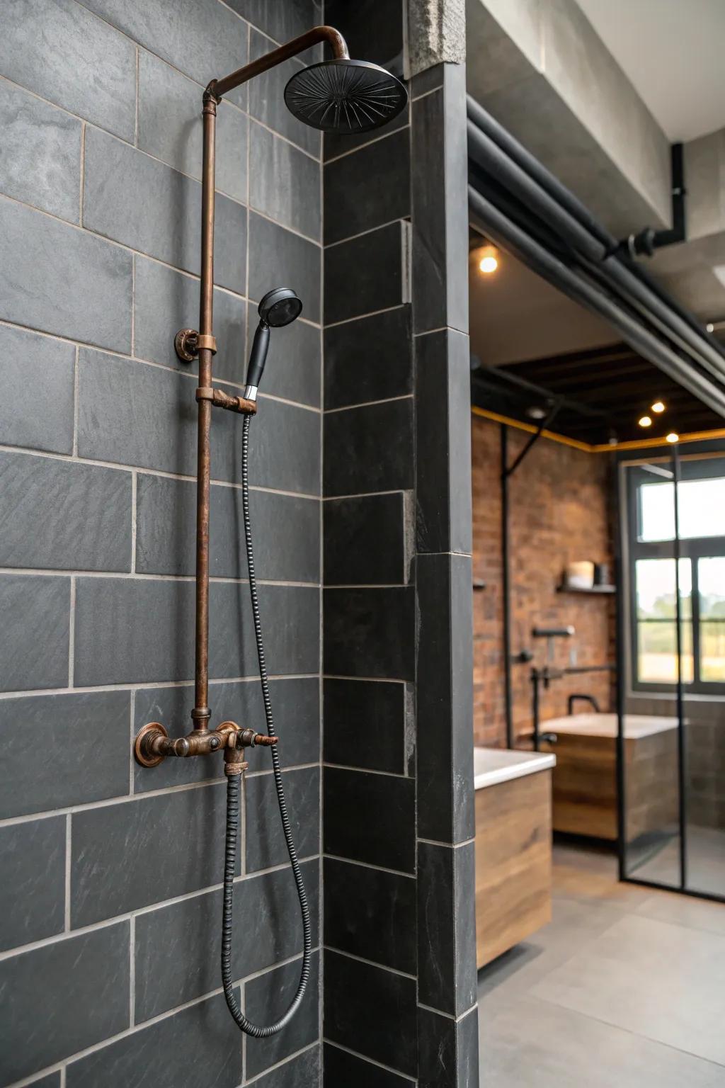 An industrial aesthetic pairs seamlessly with dark grey tiles.