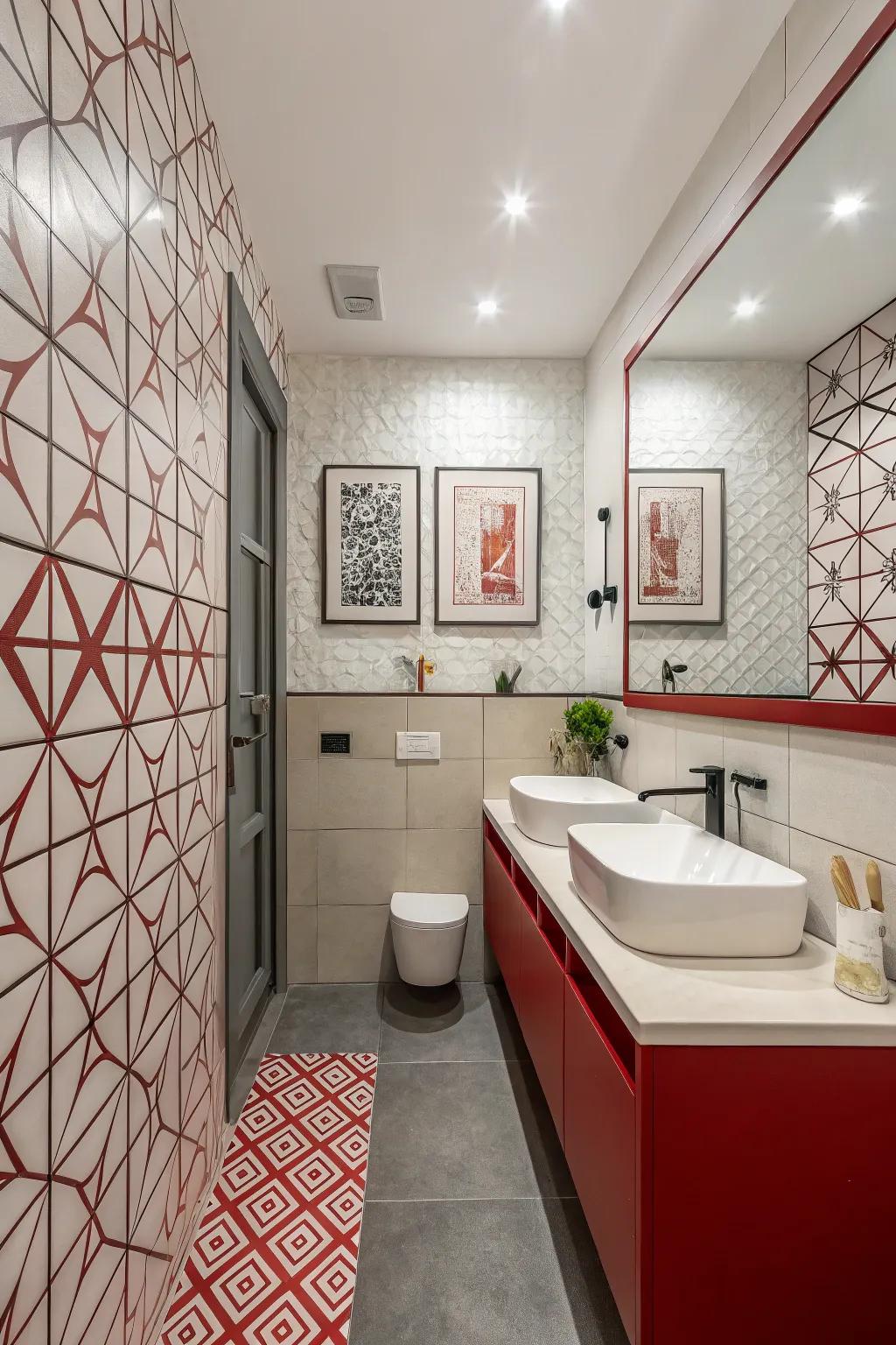 Contemporary red highlights contribute a contemporary touch to the bathroom.