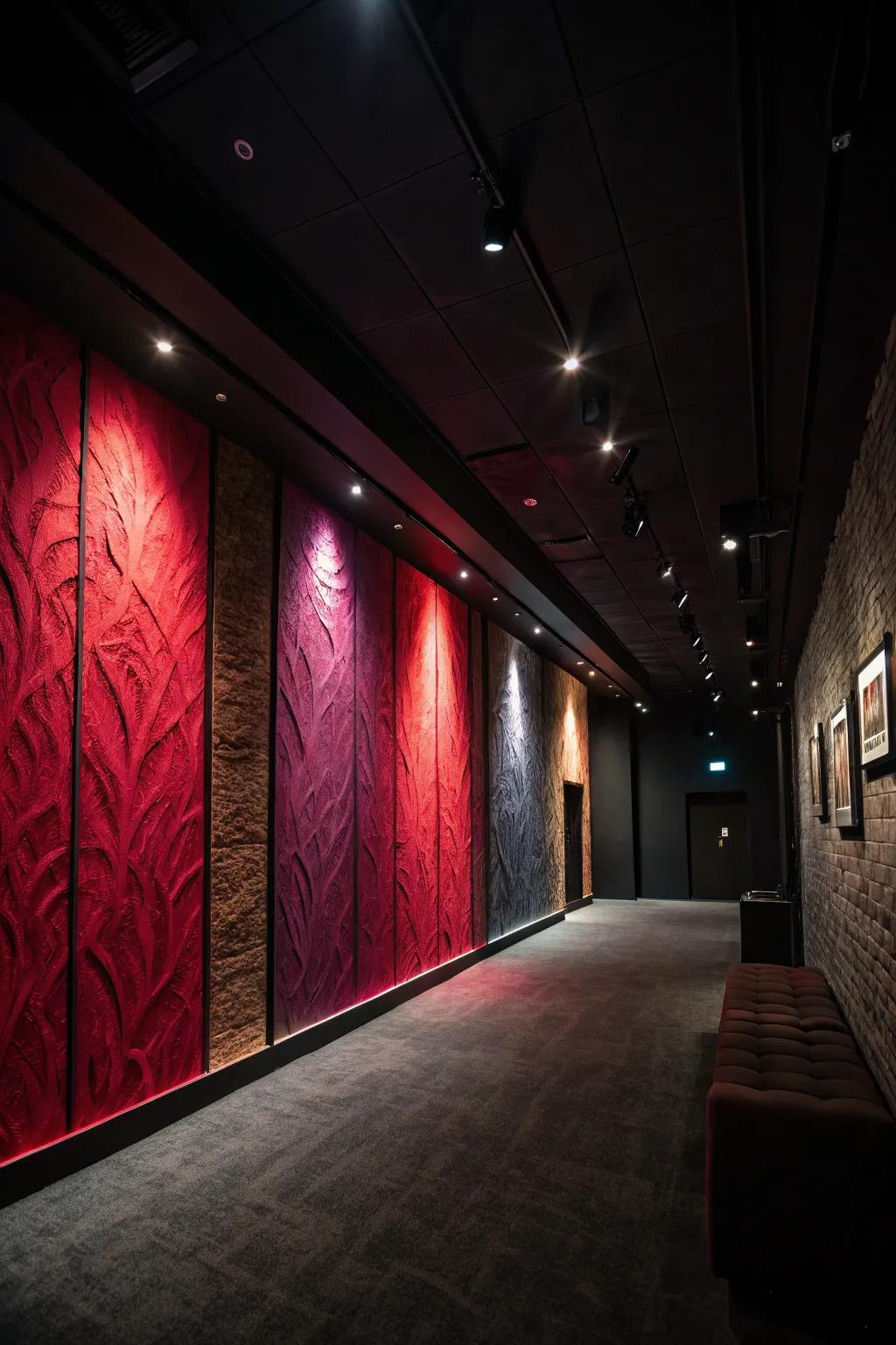 A dark room featuring a bold feature wall.