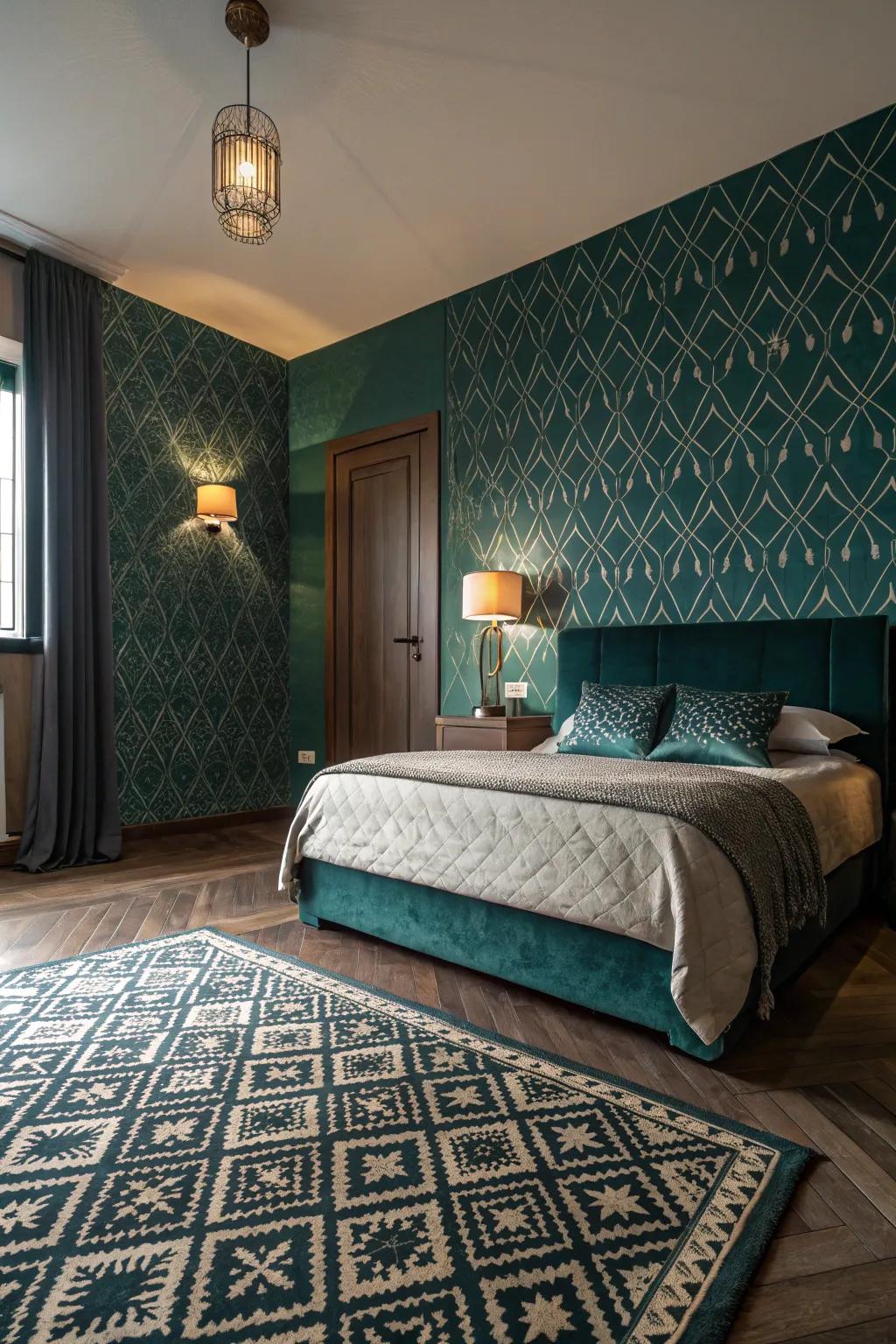 Patterns give teal spaces dynamic energy.