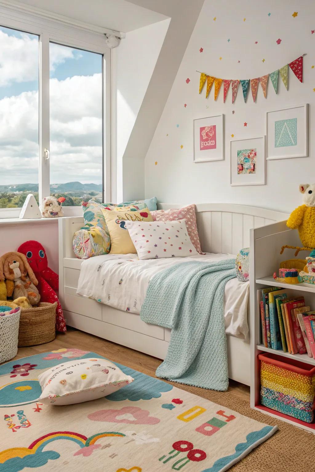 A playful daybed arrangement in a child's room, ideal for sleeping and playing.