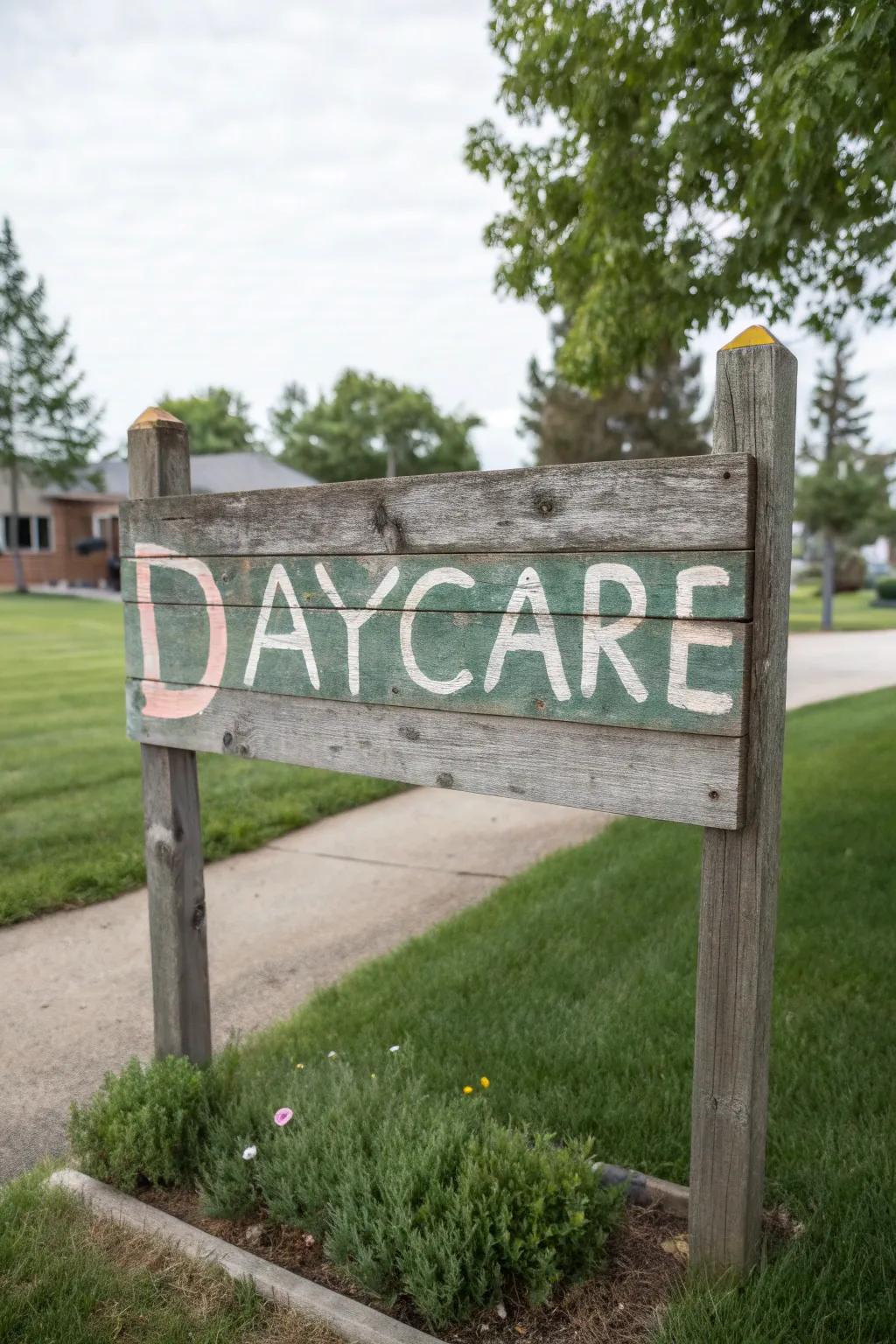 This daycare sign combines style and sustainability with eco-friendly materials.