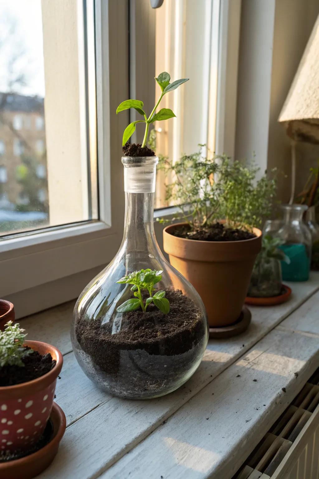 Glass vessels serving as unique planters for indoor greenery.