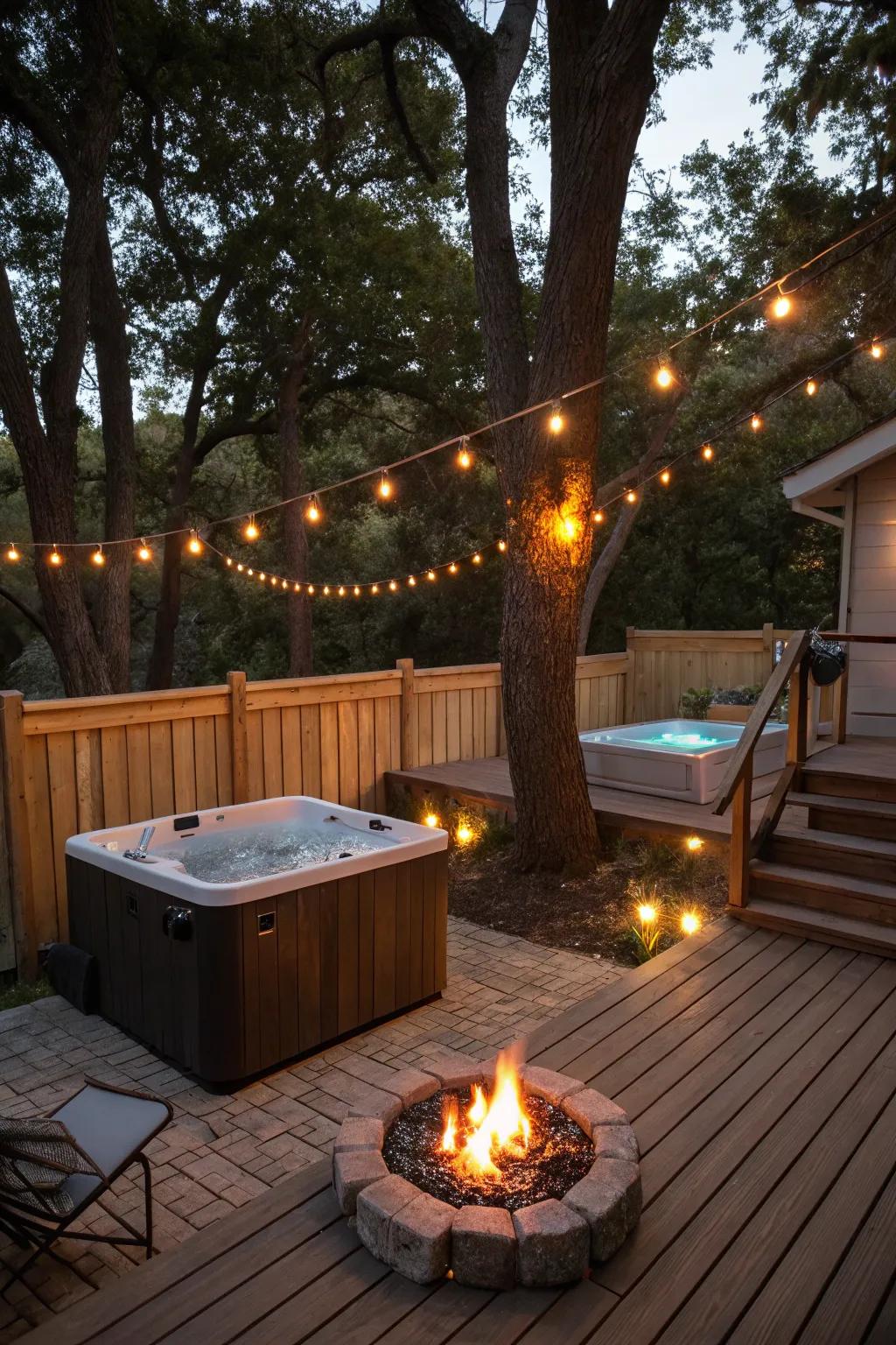Combine the soothing elements of water and fire with a hot tub and fire pit setup.