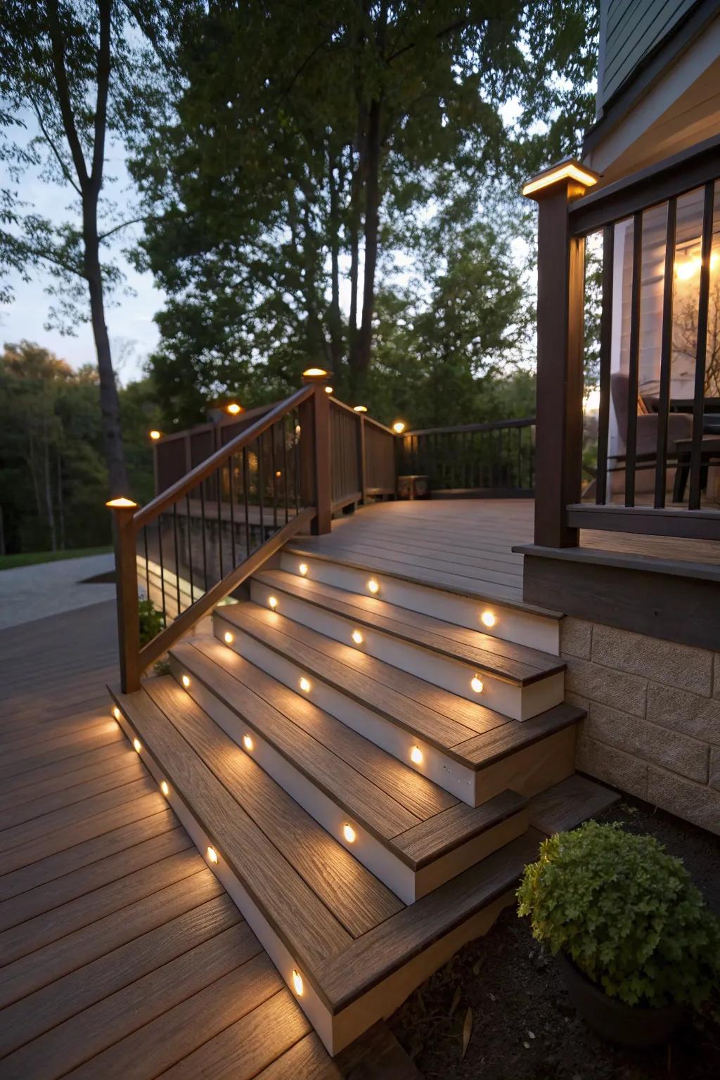 Deck stairways with integrated lighting for nighttime allure