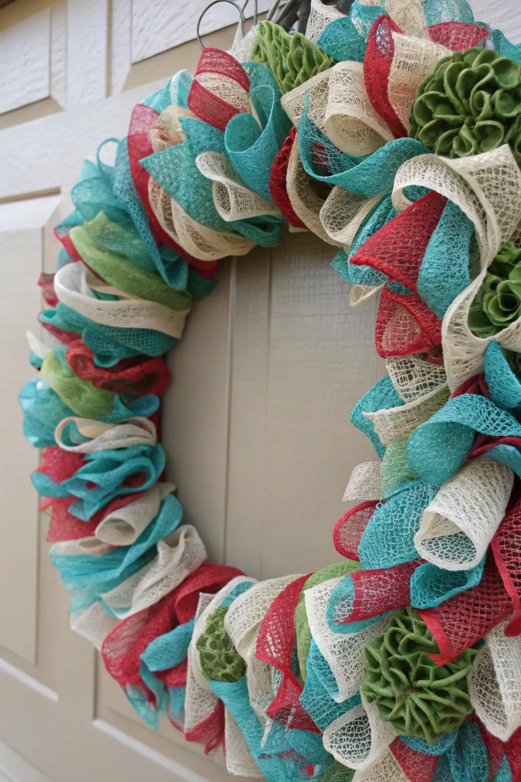 Repurposed materials create an elegant and sustainable wreath design.