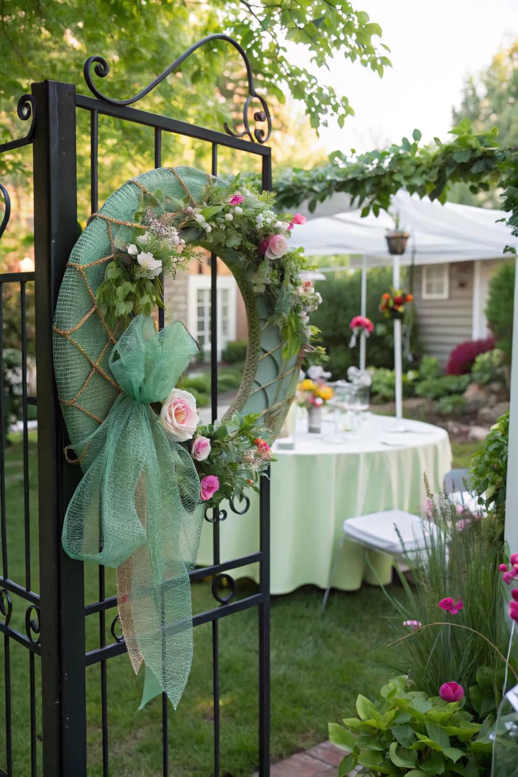 A garden party deco mesh wreath that welcomes guests.