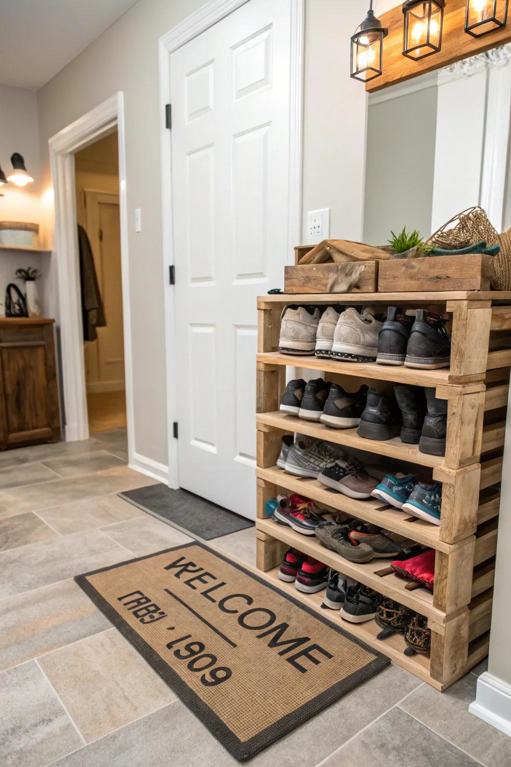 Organize your entryway with a practical pallet shoe rack.