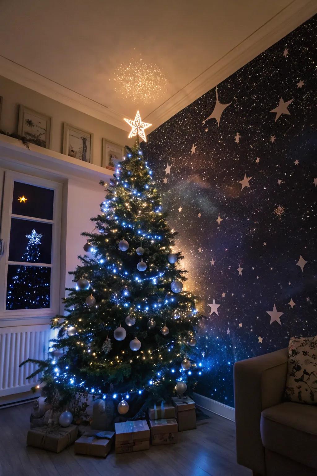 A starlit night-themed Christmas tree with twinkling lights and star decorations.