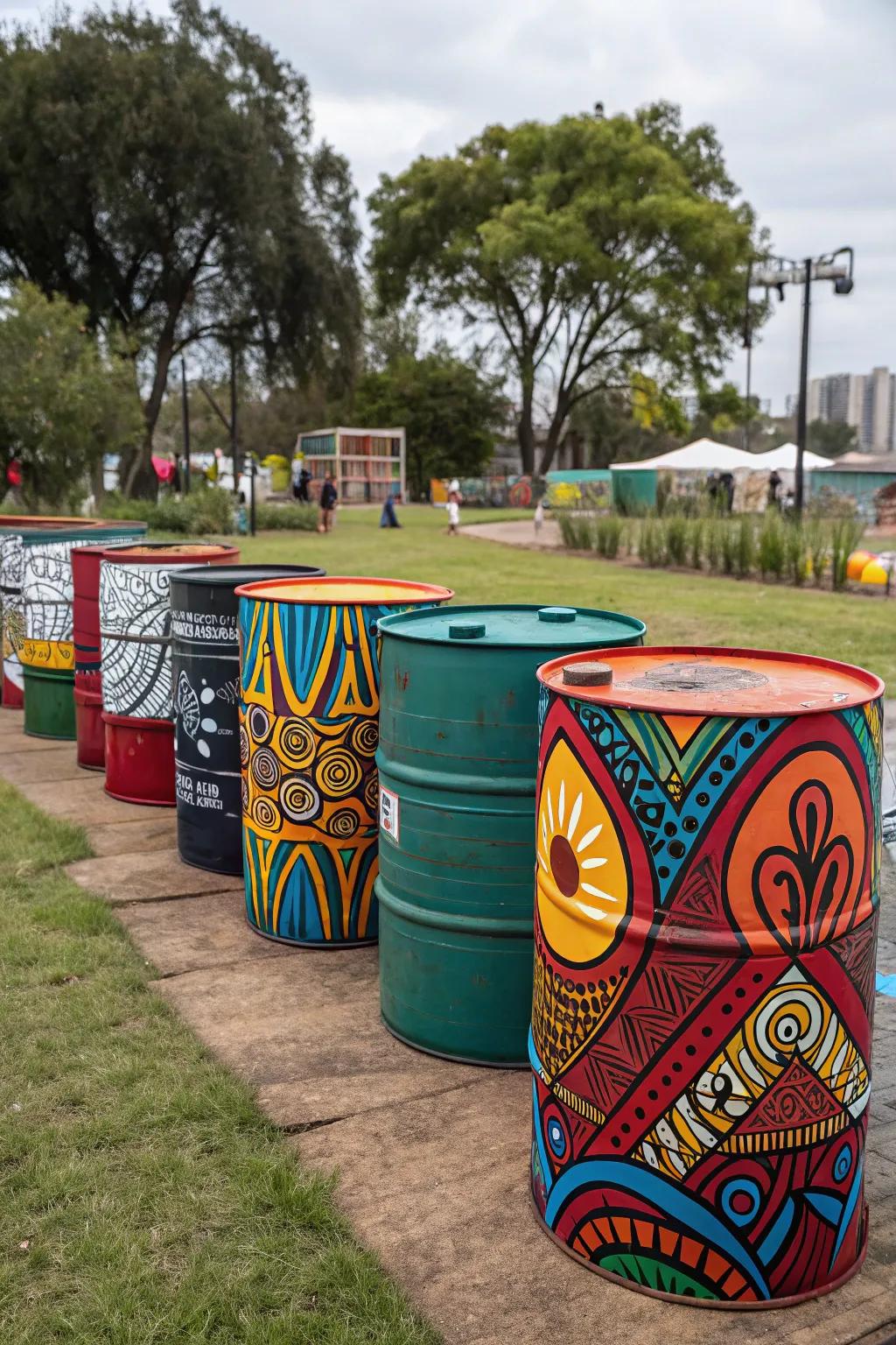 Abstract art painted barrels