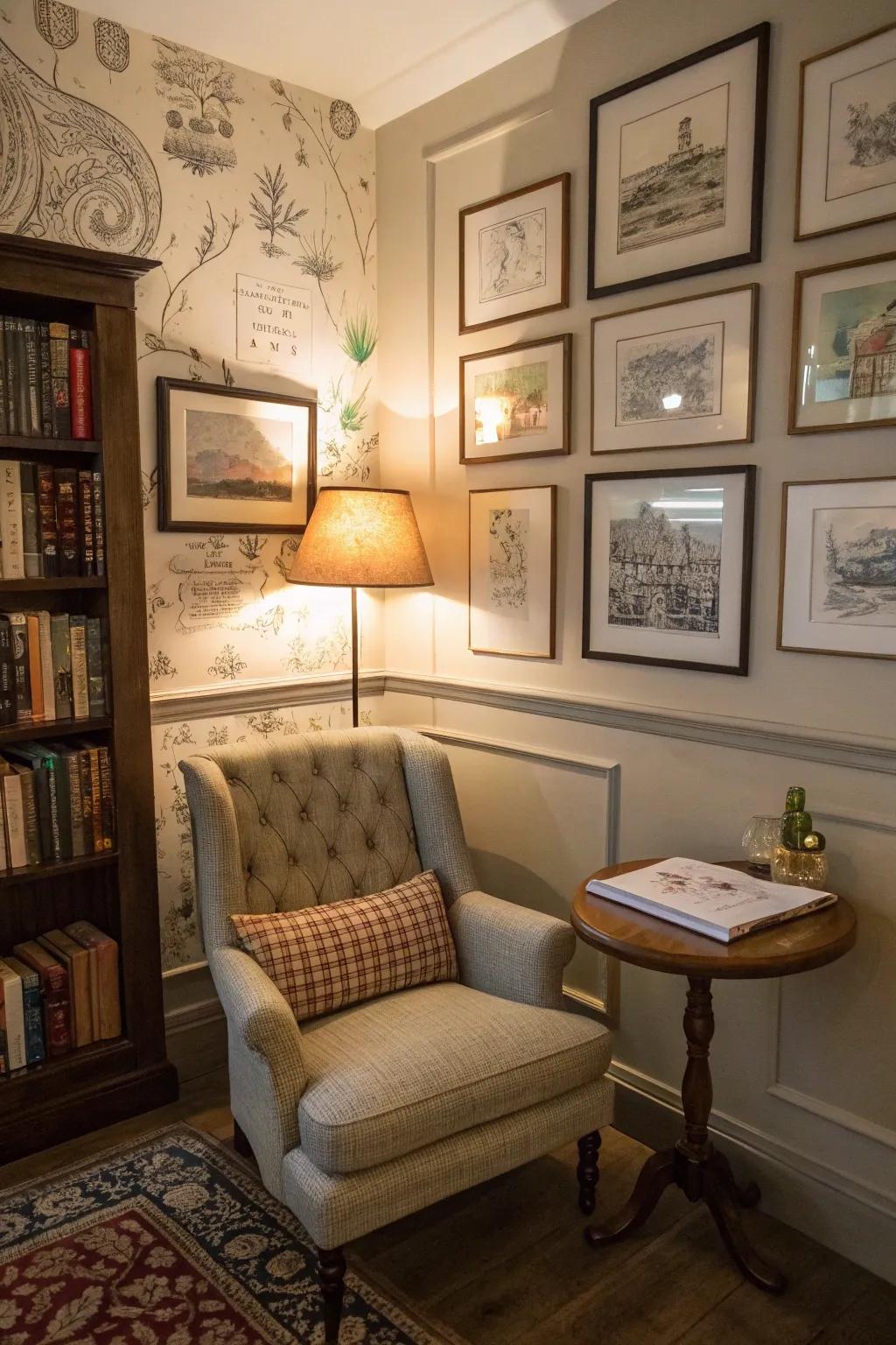 A cozy reading corner adorned with vintage-inspired sketches.