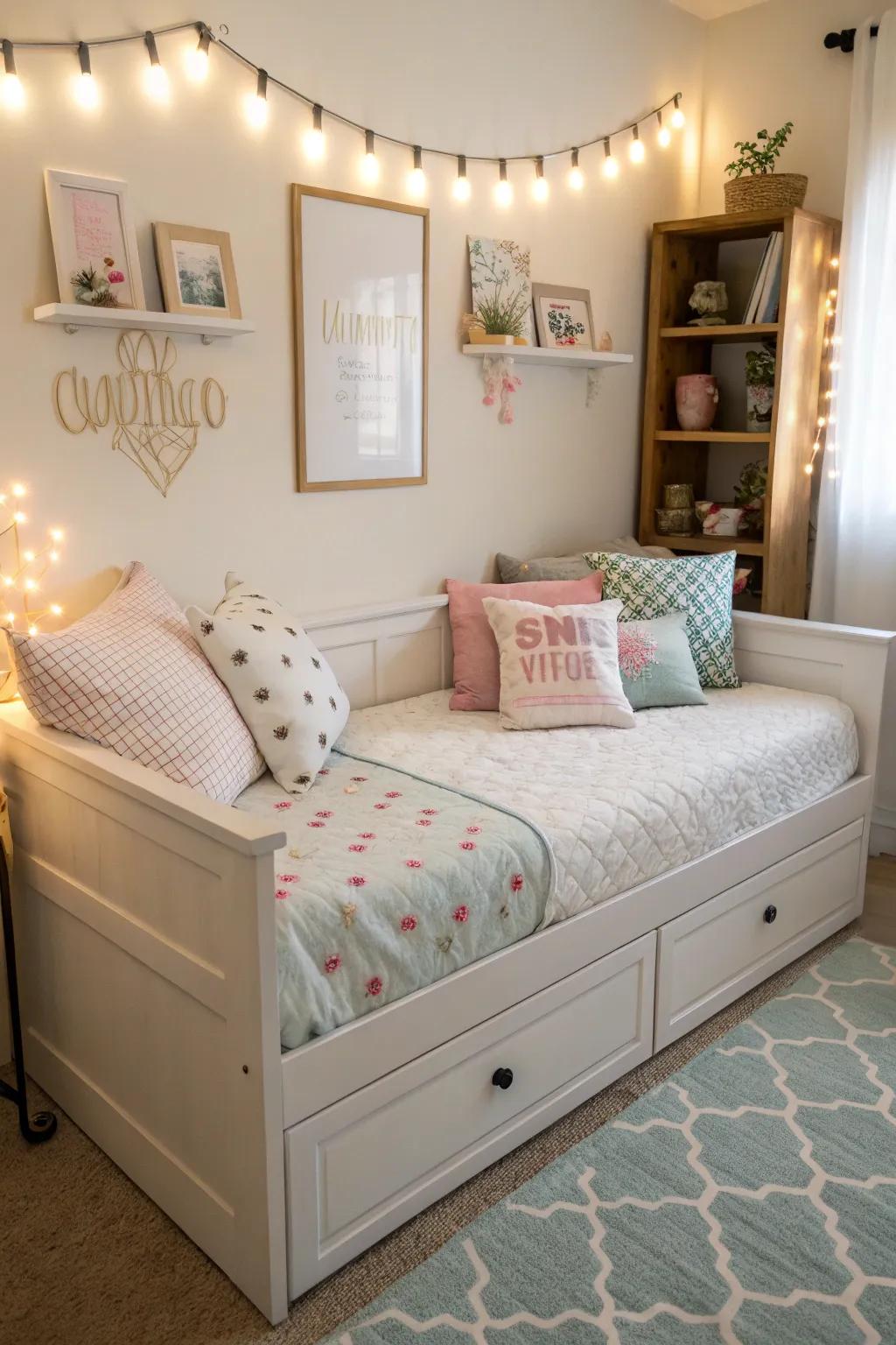 A divan provides both seating and sleeping capabilities inside a small bedroom.