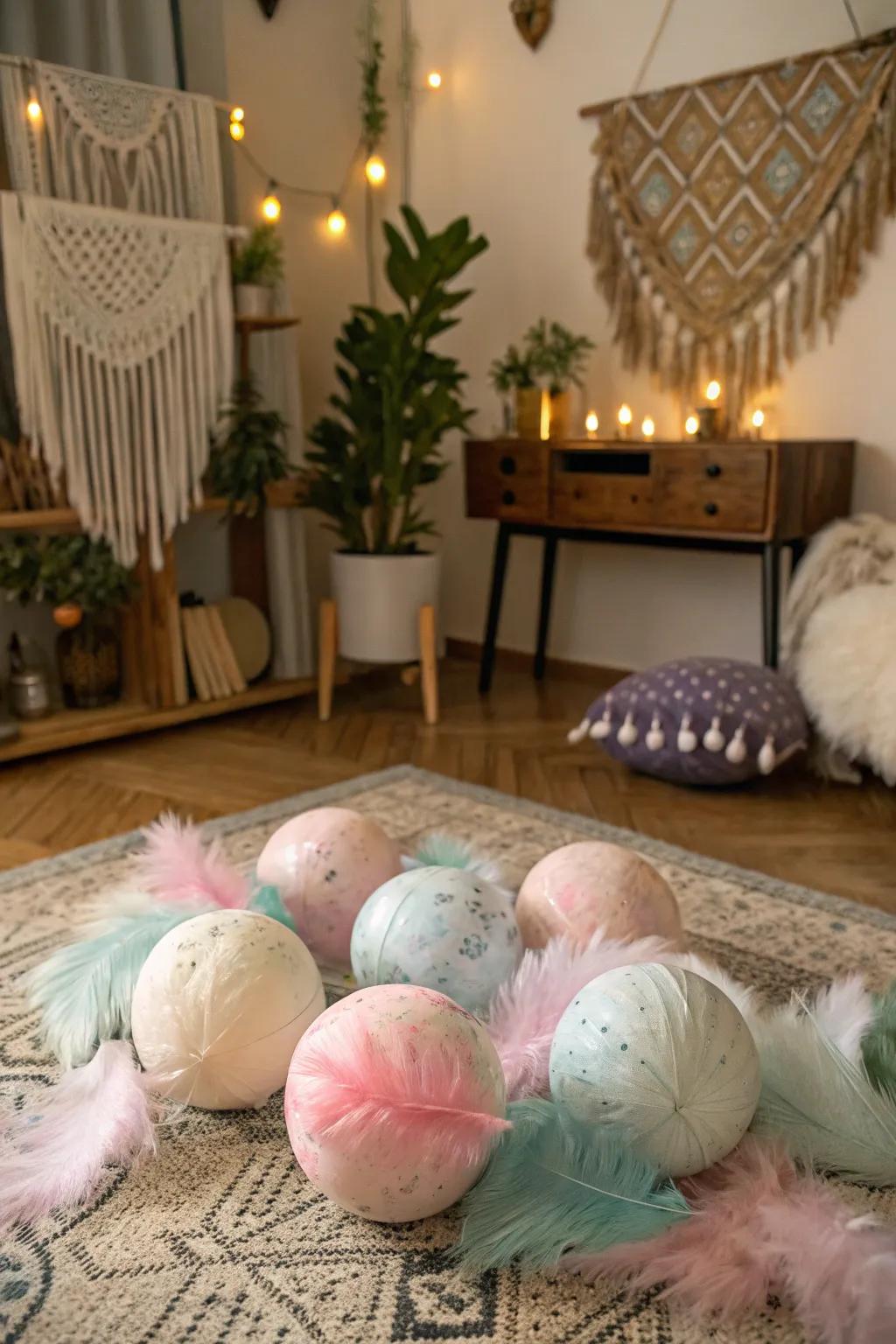 Feather-covered spheres adding a whimsical touch