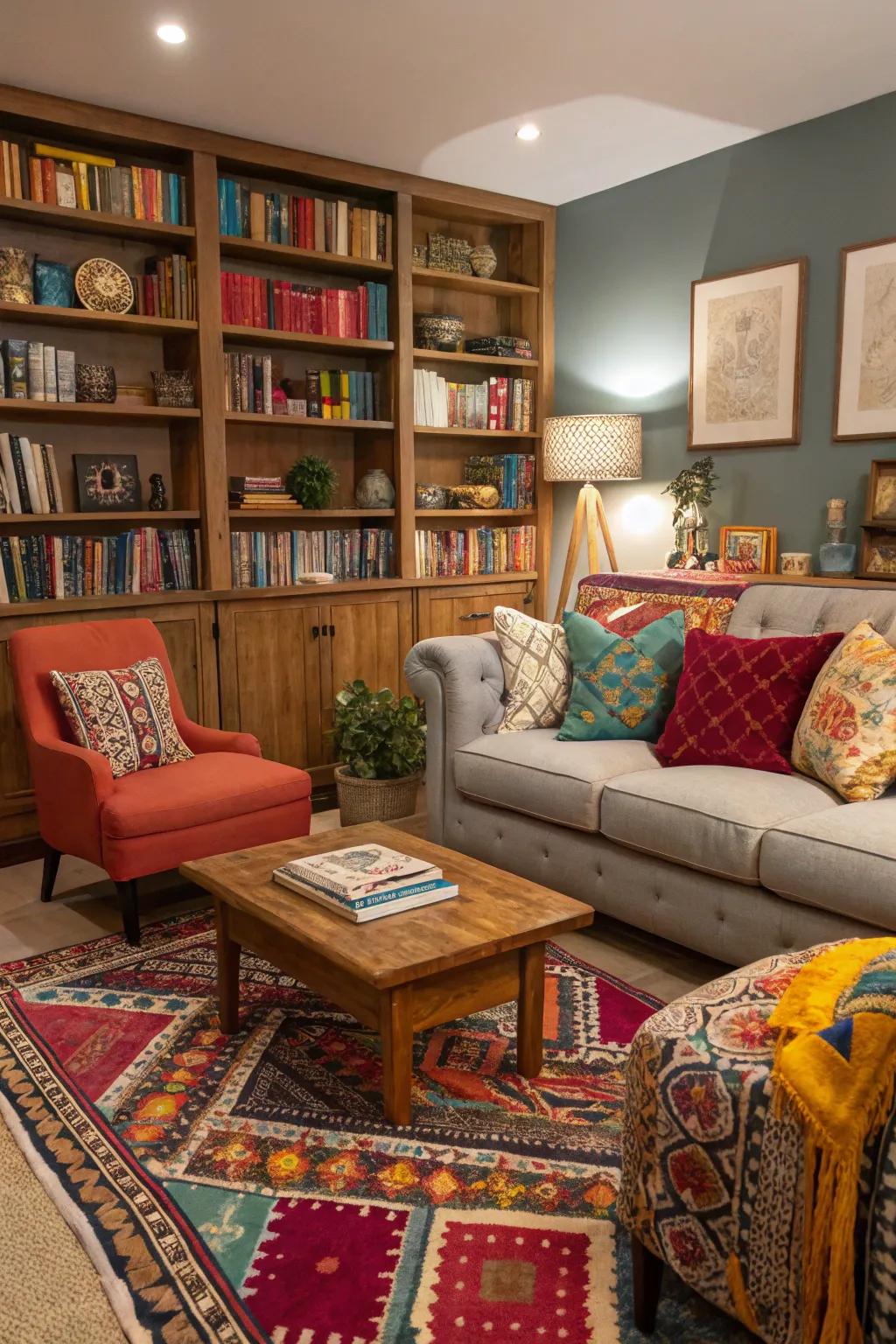 A relaxation room featuring varied decoration, blending contemporary and classic features.