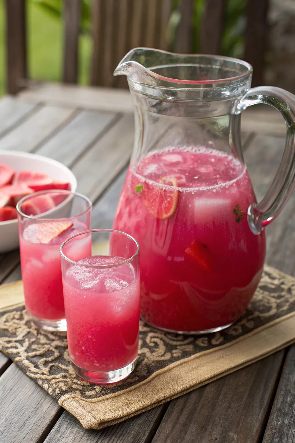 A pitcher involving thorny fruit drink featuring vessels filled with vibrant rose liquid.
