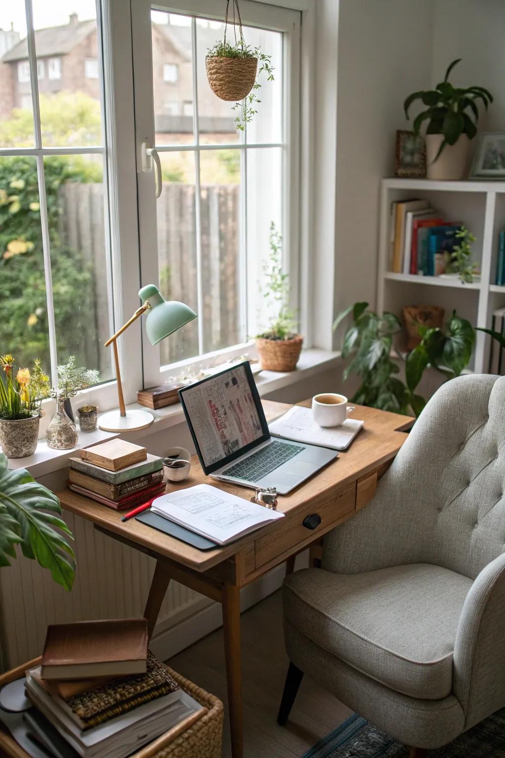 A workspace with separate zones balances productivity and relaxation.