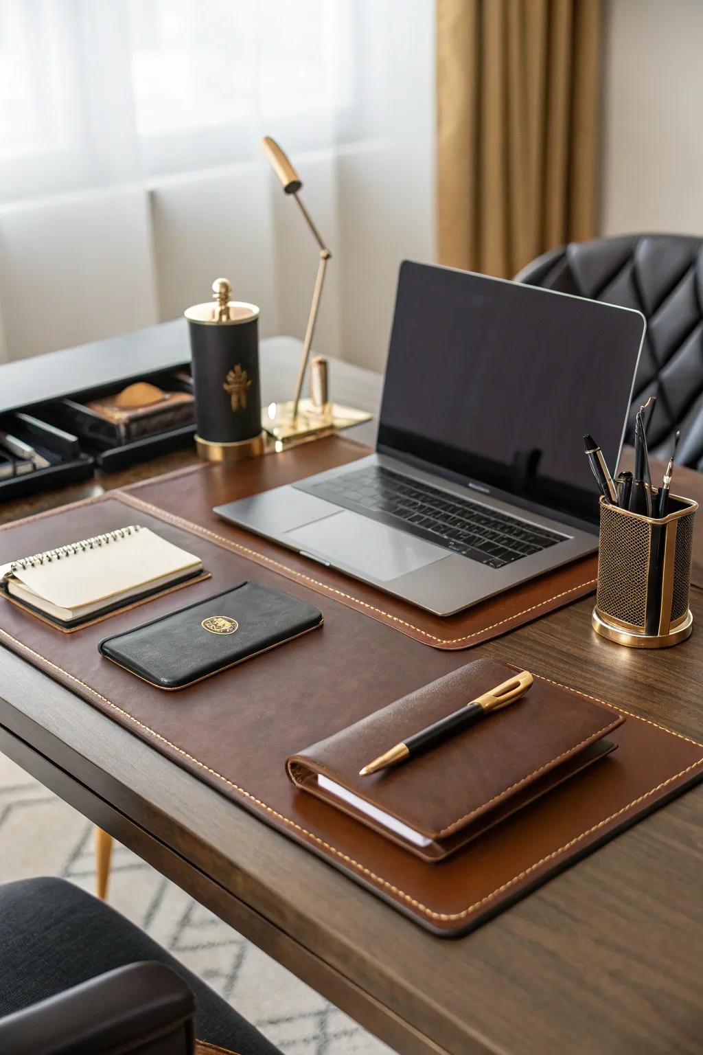 A leather desk mat offers sophistication and flair.