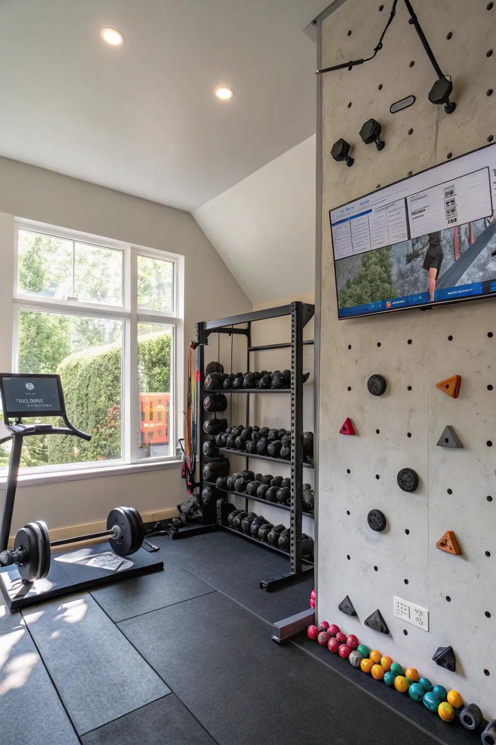 A home gym with fun installations like a climbing setup for an enjoyable training environment.