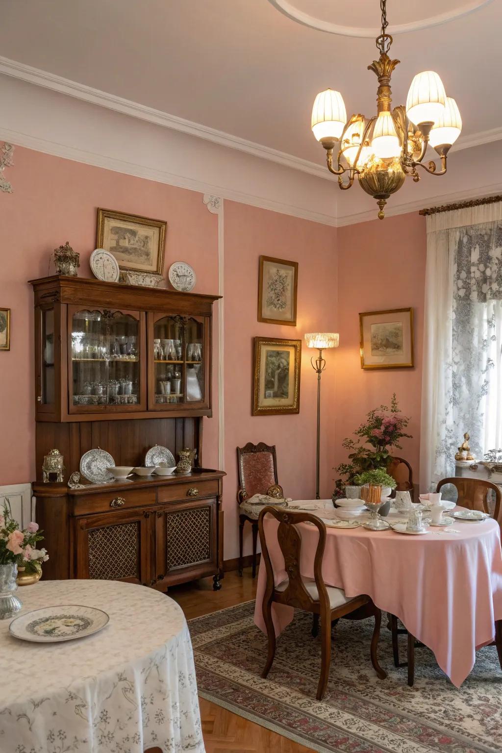 A romantic dining space with the gentle hue of rosy pink.