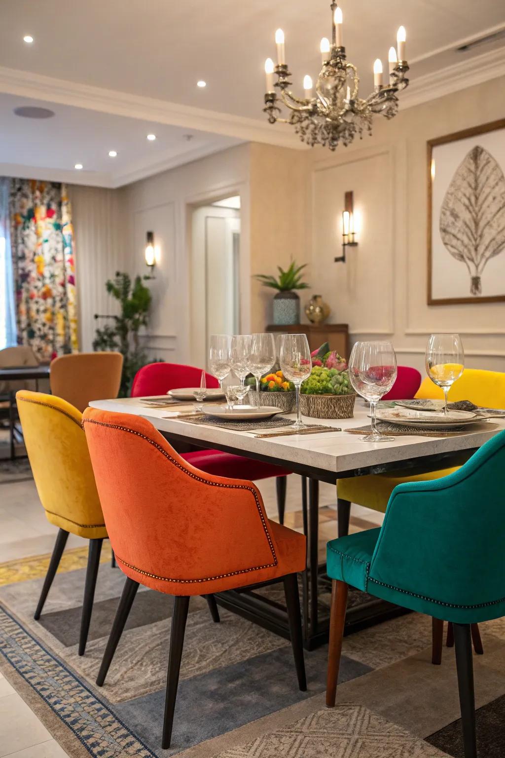 Vibrant colors in chairs and decor add energy to the dining room.
