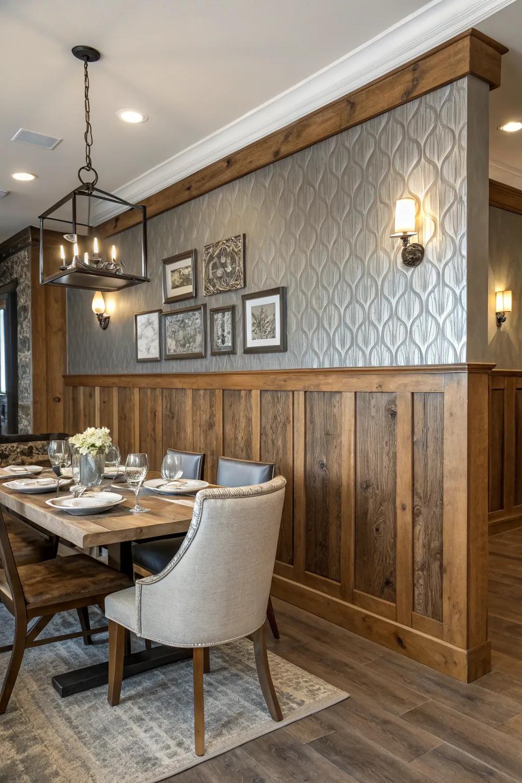 Mixed-material wainscoting adds an unexpected twist to this dining room.
