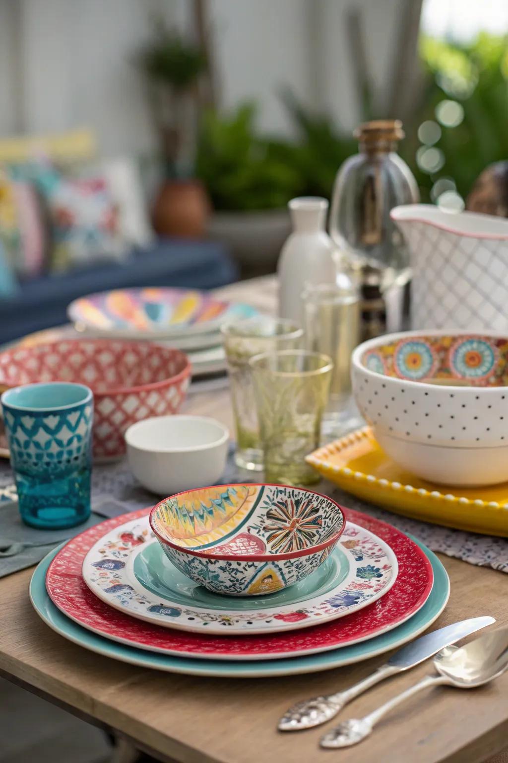 Mixing and matching dinnerware creates a fun and creative arrangement.